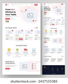 EPS Landing page wireframe design for Restaurant. Restaurant website layout template. Modern responsive design. Maintained layers and editable Text