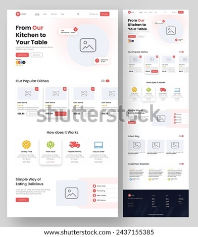 EPS Landing page wireframe design for Restaurant. Restaurant website layout template. Modern responsive design. Maintained layers and editable Text