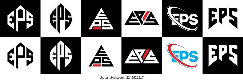 Diseño del logo de la carta EPS en seis estilos. Polígono EPS, círculo, triángulo, hexágono, estilo plano y sencillo con el logotipo de la letra de variación en color blanco y negro en un tablero. Logo de EPS minimalista y clásico
