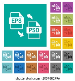 EPS PSD file conversion multi colored flat icons on plain square backgrounds. Included white and darker icon variations for hover or active effects.