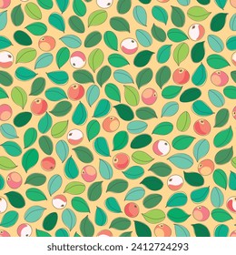 EPS Seamless pattern of berries and leaves. Pretty hand-drawn pattern for packaging, home textile design, paper. Retro vibe colors. Nature design. Background color can be changed. 