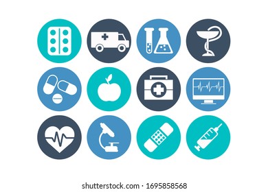 Eps set of blue round icons with assorted medical symbols and emblems isolated on white background