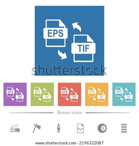 EPS TIF file conversion flat white icons in square backgrounds. 6 bonus icons included.