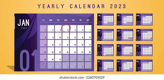 EPS Vektor von 12 Monaten Kalender. Das neue Design in lila Farbverlauf-Pop-Farben 2023, Kalender eines ganzen Jahres kann gedruckt oder digital verwendet werden. bearbeitbare Datei für die zukünftige Verwendung. minimalistisches Design und Kontrast