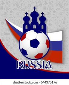 eps vector 3d football ball with church domes silhouette isolated on ornament background, Russian flag. Editable sport poster for web, print. Russia World Soccer 2018 advertising flyer, poster, banner