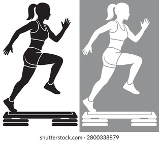 An EPS vector design featuring two side-profile silhouettes of a fit young woman performing a high-intensity step aerobics workout on an adjustable stepper platform. The split layout includes a crisp black silhouette on a white background, alongside a white silhouette on a neutral brown backdrop. The female athlete is captured in a dynamic jumping or stepping motion with a high ponytail, wearing a sports bra, tight athletic shorts, and sneakers, ideal for cardio, gym training, and active lifestyle concepts.