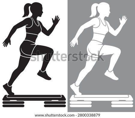 An EPS vector design featuring two side-profile silhouettes of a fit young woman performing a high-intensity step aerobics workout on an adjustable stepper platform. The split layout includes a crisp black silhouette on a white background, alongside a white silhouette on a neutral brown backdrop. The female athlete is captured in a dynamic jumping or stepping motion with a high ponytail, wearing a sports bra, tight athletic shorts, and sneakers, ideal for cardio, gym training, and active lifestyle concepts.