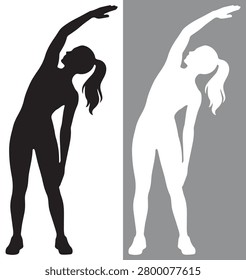 An EPS vector file featuring a full-body front view silhouette of a fit woman executing a standing side stretch with one arm extended over her head. The artwork comes in two split-screen style choices: a dark charcoal silhouette on a clean white background, and a solid white silhouette resting against a muted grey-brown background. Ideal for yoga studios, pilates classes, flexibility warmup guides, core training infographics, and wellness mobile apps.