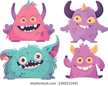 EPS vector file showcasing four adorable, vibrant little monsters. Each creature radiates charm, exuding cheerful and comical expressions. Far from frightening, they're irresistibly cute and jovial.