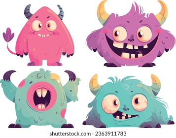 EPS vector file showcasing four adorable, vibrant little monsters. Each creature radiates charm, exuding cheerful and comical expressions. Far from frightening, they're irresistibly cute and jovial.