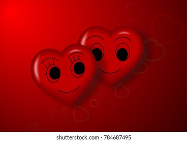 eps vector happy Valentine's Day greeting card illustration. Two funny smiling 3d red hearts couple isolated on red background. Happy holiday backdrop. Graphic design element. Template for web, print