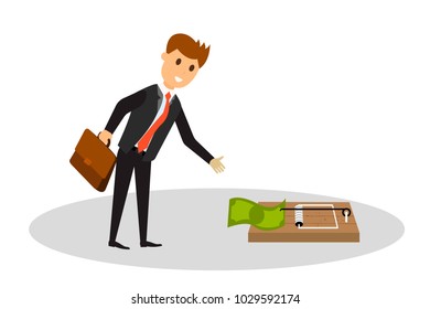 Eps Vector Illustration Of Cheerful Businessman Taking Money From Mouse Trap On White Background. Free Cheese Only In A Mousetrap Concept