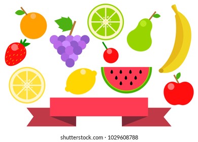 Eps vector illustration of different juicy fruits and red ribbon on white background. 