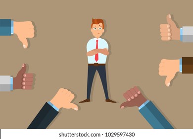 Eps vector illustration of doubtful man standing rounded with thumbs up and down. Listen to, accept different opinions concept.