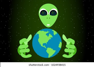 Eps vector illustration of green alien pulling hands to the Earth in open space.
