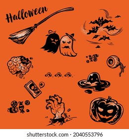 EPS vector illustration. Hand-drawn Halloween character design on orange background. holiday graphic resource.