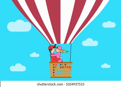 Eps vector illustration of happy couple embracing while flying on air balloon in the sky.