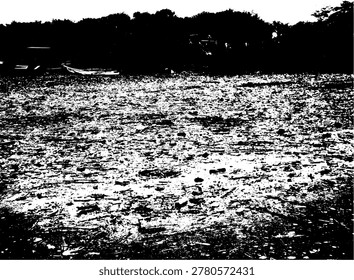 EPS vector of a river covered in plastic waste with boat and trees background. High-contrast black and white stencil graphic for environmental pollution and water crisis awareness.