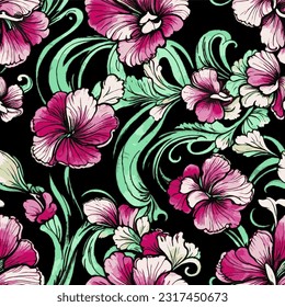 eps vector seamless pattern fashion print pink flowers on black background floral texture illustration botanical art ornament flora garden image colorful plant modern flora bloom beauty endless 