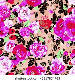 eps Vektor nahtlose Muster Mode drucken rosa Rosen Collage Hintergrund florale Textur Illustration botanische Kunst Ornament Flora Garten Bild bunte Pflanzen moderne Flora Blüte Schönheit endlos 