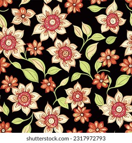 eps vector seamless pattern fashion print flowers on black background floral texture illustration botanical art ornament flora garden image colorful plant modern flora bloom beauty endless repeating