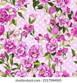 eps vector seamless pattern fashion print pink flowers polka background floral texture illustration botanical art ornament flora garden image colorful plant modern flora bloom beauty endless repeating