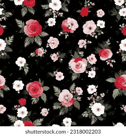 eps Vektor nahtlose Muster Mode gedruckt rote Blumen schwarzer Hintergrund florale Textur Illustration botanische Kunst Ornament Flora Garten Bild bunte Pflanzen moderne Flora Blüte Schönheit endlos wiederholt