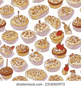 Für Vektor nahtlose Muster Modedruck Sweetie Dessert Hintergrund Textur leckere Illustrationskunst Bild bunt moderne essbare Schönheitscakes endlos wiederholen