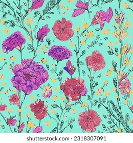 eps vector seamless pattern fashion print sketch flowers background floral texture illustration botanical art ornament flora garden image colorful plant modern flora bloom beauty endless repeating