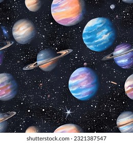 eps vector patrón sin fisuras planetas de impresión fondo espacio textura ilustración astronomía arte ornamento imagen linda colorida semilla galaxia moderna belleza interminable repetición