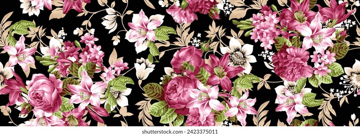 EPS Vector Seamless Pattern Fashion Print Pink Bloom Rose Flower Background Floral Texture Illustration Botanical Art Ornament Flora Garden Image Colorful Plant Modern Flora Bloom Beauty Endless