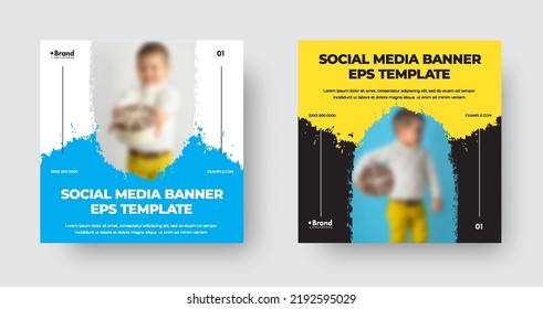 EPS vector web banner template, white, blue, black, yellow leaflet with brush strokes, place for photo, info, brand. Booklet illustration with linear elements, square gift voucher for business