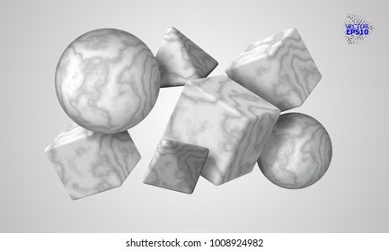 eps10. 3D decorative figures of a cube, triangle and sphere with a marble texture. Marble stone. Abstract vector illustration.
