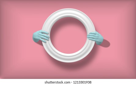 EPS10. 3D vector illustration of blue hands empty frame isolated on pink, abstract fashion background, shop display, mannequin body part, show, presentation