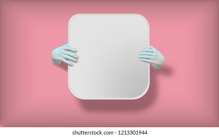 EPS10. 3D vector illustration of blue hands empty frame isolated on pink, abstract fashion background, shop display, mannequin body part, show, presentation