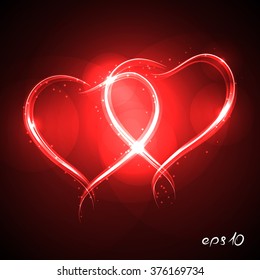 Eps10. Abstract image of two hearts intersecting each other. Heart with red stroke glares and illumination. Brilliant, bright hearts on black, dark background. Love. Couple of two hearts. Vector. Logo