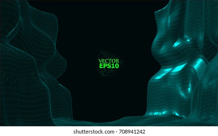 eps10. Abstract vector wireframe landscape background. Cyberspace grid. 3D wire frame surrounding. 3d technology wireframe vector illustration. Digital landscape for presentations . Polygonal surface.