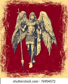 EPS10,  Archangel - Elegant Hand-drawn Card On A Red Background (vector)