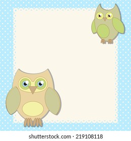 Eps10. Baby boy greeting card template on blue with funny owls