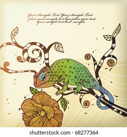 eps10 background  with the  colorful  spotted chameleon sitting on a tree branch with a blooming flower