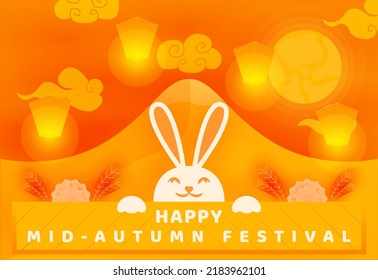 EPS10 background design celebration of mid-autumn festival with a rabbit mascot holding a sign happy mid-autumn celebration isolated on an afternoon background with lanterns, mountain, clouds