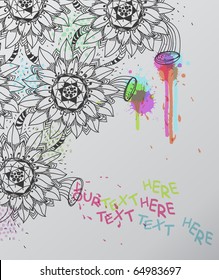eps10  background with fantasy hand drawn flowers and colored paint drips