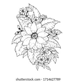 EPS10 black and white vector hand drawing floral graphic. Romantic and cute summer and spring flowers. Flower composition.