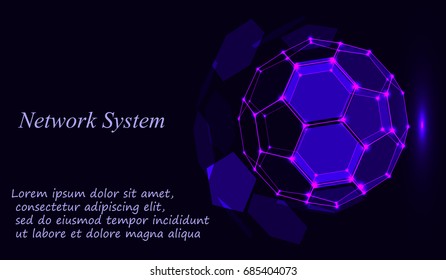eps10. Blue shining cosmic hexagonal grid vector shining sphere on dark background
