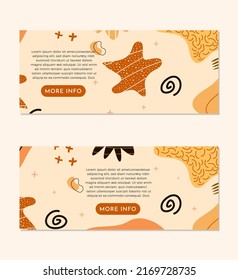 EPS10 brown vintage abstract bohemianboho shapes background banner set with description box and a brown more info button perfect for your website isolated on a grey background