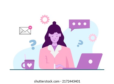 EPS10 business flat illustration of customer service lady working, serving customer with a laptop, conversation box, coffee, email or message letter, notification, setting icons on an abstract shape