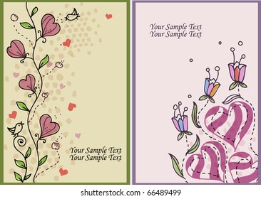 eps10 cards with fantasy hand drawn flowers, hearts and birds