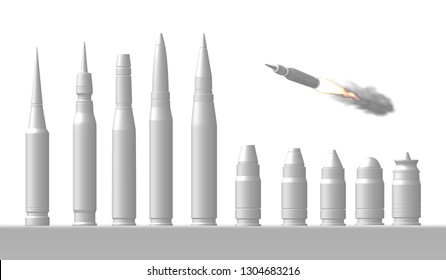 eps10. Cartridges vector set. A collection of bullets isolated on white background. Weapon ammo types and size in flat style. Vector illustration