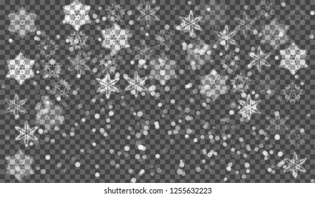 EPS10. Christmas snow. Falling snowflakes on dark background. Snowfall. Vector illustration.