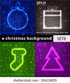 EPS10 Christmas tree, ball, gift and sock in circuit board style vector background